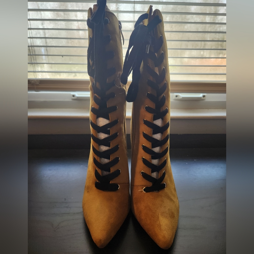 Lace-Up Pointed Toe Heeled Booties in Mustard Yellow
